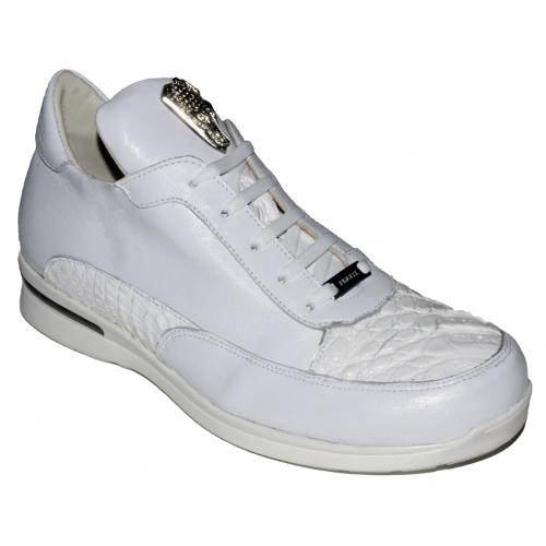 Fennix "3235" White Genuine Hornback Alligator / Calfskin Sneakers With Silver Alligator Hardware